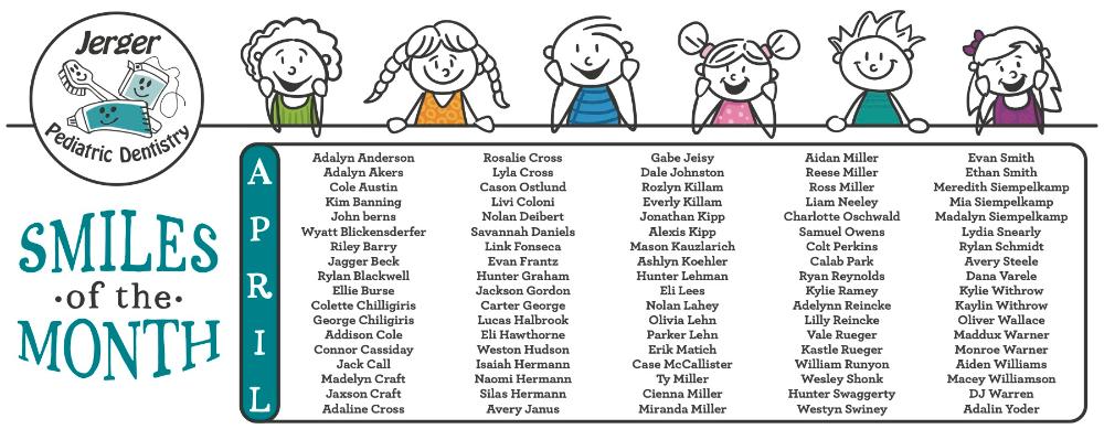 Name of children that received dental service in April from Jerger Pediatric Dentistry